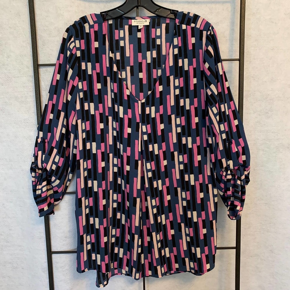 STUDIO B Pink/Blue/Black Blouse Rectangle Vertical‎ Stripes Women's Size XL